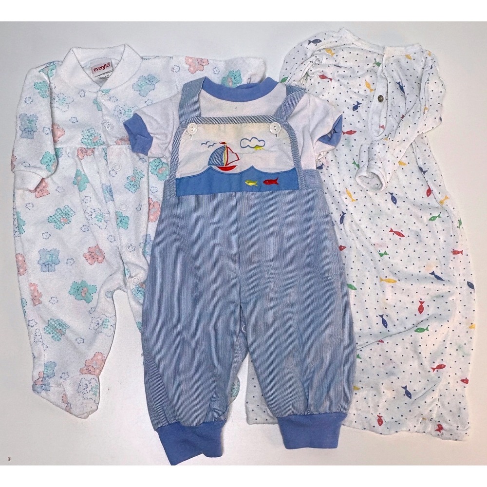 Evenflo 3-6m Montgomery Ward Tiny Tots Vintage Baby Clothes Bundle Blue White